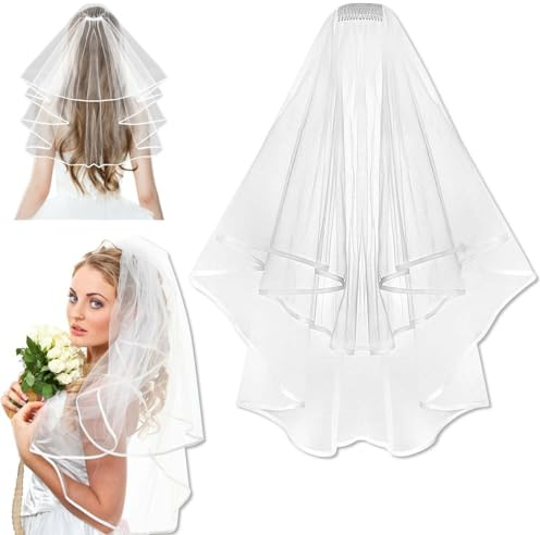 Febbya Brautschleier,Weißer Brautschleier,Schleier Kurz Elegent Braut Bridal Tüll mit Kamm,Hochzeit Brautschleiers,Brautkleid,Halloween-Kostüm,Junggesellinnenabschied,Party (60–80 cm)