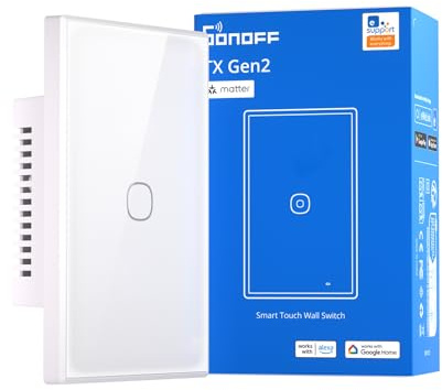 SONOFF TX Gen2 Interruttore Touch Intelligente per Parete: 1 Canale, Pannello Tipo 120, Wi-Fi 2.4GHz, App eWeLink, Compatibile con Matter, Apple Home/Google Home/Amazon Alexa, T6-1C-120M