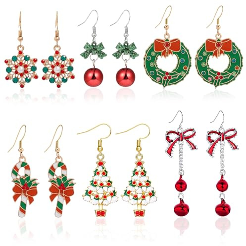 MLPKOI 6 Paires Boucles D'oreilles Noël pour Femmes, D'Oreilles Pendantes De Noël Boucles d'oreilles Pendantes en Forme de Sapin Ornements Et Cadeaux Pour Les Fêtes