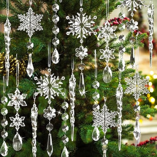 18pcs Crystal Christmas Ornaments Set, Christmas Tree Decorations, Hanging Acrylic Snowflake & Icicle & Bead Garland Ornaments with Drop Pendants for Window, Winter Holiday New Year Deco (Clear)