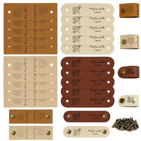 20 Stück Handmade Label mit Nieten,Lederetiketten Personalisiert, Lederlabel zum Aufnähen mit Löchern für Häkeln Kleidung Hüte Schals Handschuhe (Stil 1)