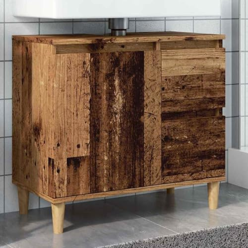 HaoChrymec Mobile Lavabo Basso Effetto Legno Antico, Legno Ingegnerizzato e Massello di Eucalipto, Design Salvaspazio con Due Cassetti e Vano con Anta, Mobiletto Sotto Lavabo Bagno,65x33x60 cm