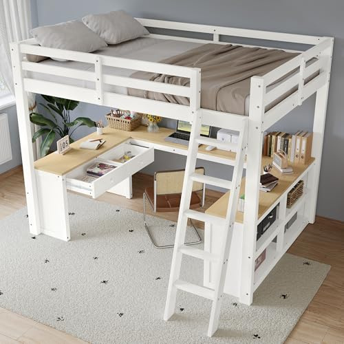 Oslghy Cama Infantil 140x200, Cama Alta con Mesa Larga en Forma de U, Litera Individual con Escalera, Cama Altillo con 2 cajones y Estante de Almacenamiento, Protección Anticaída, Blanco, Sin Colchón
