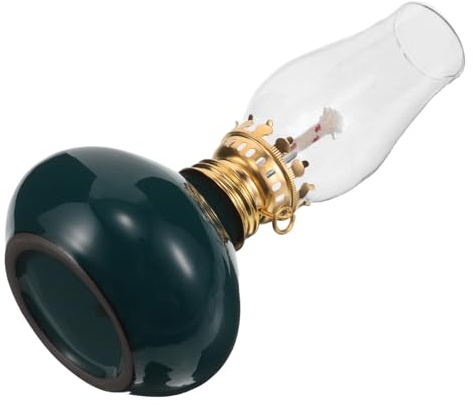 Vintage Petroleumlampe aus Glas mit Keramiksockel für Innen und Außen | Windgeschütztes Design, Abnehmbarer Dochtregler, Grüne Farbe, Dekorative Optik, Pflegeleicht
