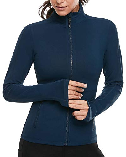 VUTRU Donna Giacca da corsa Collo alto Giacca sportiva leggera Manica lunga Camicia yoga Giacca fitness Giacca da allenamento traspirante con fori per i pollici e zip integrale Blau XS