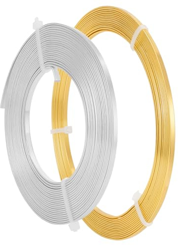 BENECREAT 2 Rollen 10 m Gold Silber Flacher Schmuck Draht Aluminiumdraht 3mm breit für Lünette Schmuckherstellung, Bildhauerei, Armatur Handwerk