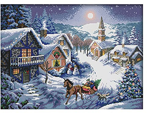 Cukol Kit Punto de Cruz Esquemas Escena de Nieve, Cuadros Punto de Cruz Kit Completo Contado Patrones con Impresa Hilos y Tela para Principiantes Hacer, Set Kits Bordado a Mano Navidad