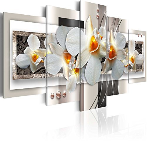 B&D XXL - Wandbilder XXL Abstrakt 150x75cm 5 tlg - Wand Deko Leinwand Bilder Groß Wanddeko Wohnzimmer Schlafzimmer Kunstdrucke - Blumen Orchidee Textur Ornamente b-A-0042-b-n