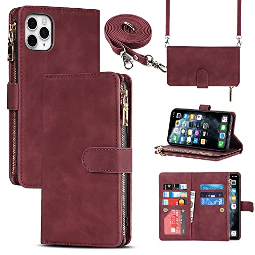 CAVOR Handykette Handyhülle kompatibel mit iPhone 11 Pro Hülle Mit Band,Flip Leder Geldbörse Hülle Mit Kette,[9 Kartenfach][Doppelte Schnalle],Umhängeband Klapphülle Handytasche - Rot