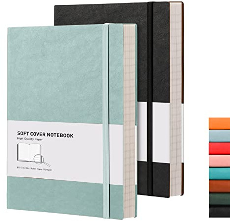 RETTACY B5 College-Notizbuch, liniert, Softcover, 408 nummerierte Seiten zum Schreiben, 100 g/m², liniertes Papier, für Damen und Herren, Arbeit, Schule, 19 x 25 cm, Schwarz, Grau, Blau, 2 Stück