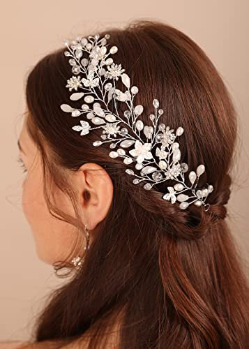 Kercisbeauty Silver Flower Crystal Pearl Headband Wedding Bridal Hair Piece Accessories Women Girls Jewelry
