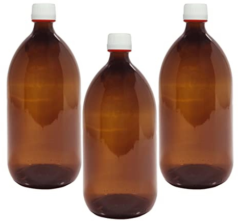 Super Net Cali Botella de vidrio ámbar de 1000 ml. Frasco de cristal cierre hermético con tapón a rosca y precinto apertura. 3 Unidades.