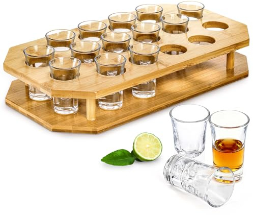 SOUJOY 16 Shot Glass Server Tray Set, 1 oz Shot Glass Set with Bamboo Tray, Party Serving Holder for Bar, Pub, Party, Club Drinking