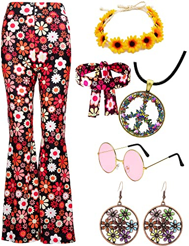 YADODO Hippie Kostüm Damen Set mit Schlaghose Bunt Peace Kette Brille Stirnband 60er 70er Jahre Mode Outfit Party Boho Hippie kleidung Damen Hosen Flower Power 70er Jahre Bekleidung Frau (XXL)