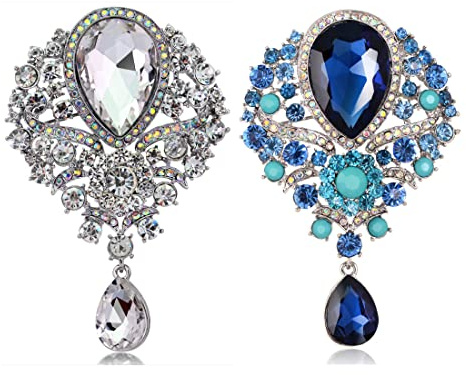 CAREOR 2 Pack Elegant Brooch Pin Corsage Faux Crystal Rhinestones Collar Safety Engraving Metal Lapel Pin Jewelry (White+Blue)