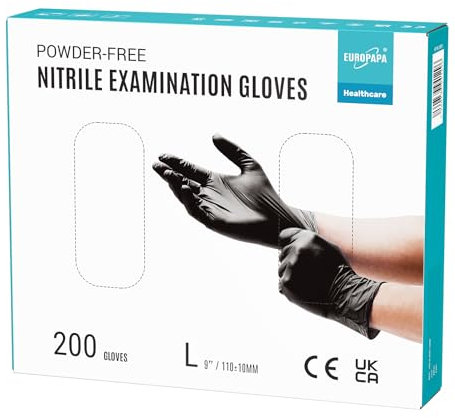 EUROPAPA® 200x Disposable Nitrile Gloves Powder-Free Examination Gloves EN455 EN374 Latex-Free Disposable Gloves in Sizes S, M, L & XL (L, Black)