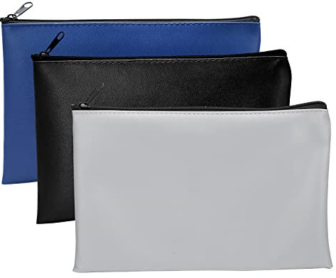 3 Stück Banktaschen aus Kunstleder 25 x 16 cm Geldtasche für A5 Dokumente Geldmappe für Business,Haushalt,Schule (Blau,Schwarz,Hellgrau)
