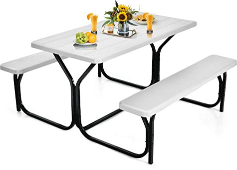 COSTWAY Bierzeltgarnitur, Picknicktisch & 2 Sitzbänke mit Metallrahmen, Campingtisch Set Festzeltgarnitur für Terrasse, Garten, Pool, 137 x 150 x 72 cm (Weiß)