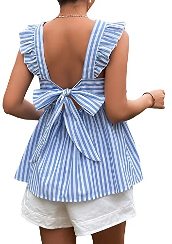 Floerns Women's Striped Print Boat Neck Tie Back Sleeveless Maternity Peplum Blouse Tops Blue and White XL