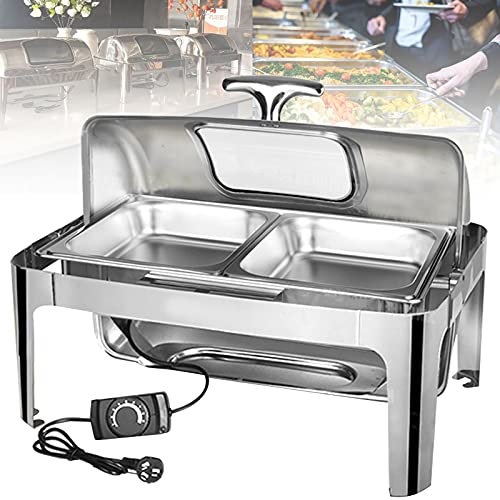 Tour Buffet 9L 13L Chafing Dishes Chauffe Plats Inox Plaques Chauffantes pour Chauffer Plats, Chauffage Electrique et Chauffage Alcool, Ouverture et Fermeture 90° + Température Réglable (9l 1/2)