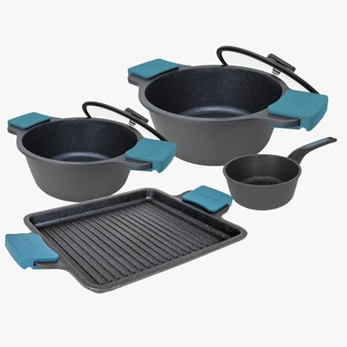 Arcos Serie Thera | Batería de Cocina 4 piezas | Aluminio Fundido | Apta cualquier cocina | Mango Ergonómico Plástico y Silicona | Sistema ahorro energético | Apta lavavajillas | Color Negro y Azul