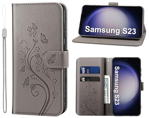 KRAFTCARE Lederhülle für Samsung Galaxy S23 Klapphülle Leder Hülle | Premium PU Leder mit Prägung, Kartenfach, Ständer, Magnetic Closure, RFID Blockierung, Flip Wallet Handyhülle, Grau