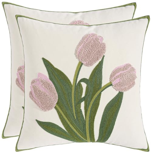 Tosleo Pink Tulip Pillow Covers 16X16 Pack of 2 Spring Summer Embroidery Throw Pillow Covers Flower Pillowcases Accent Decor Cushion Cover Square Farmhouse Floral Decoration Pillow Cases