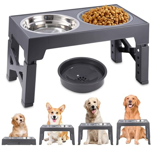 TIDEVAN Upphöjd hundskål (2 x 1,6 l), 4 höjdjusterbara skålstativ med hundskål rostfritt stål och läckagesäker drickskål, vikbar och halkfri matskål, hund upphöjd för stora små hundar, grå