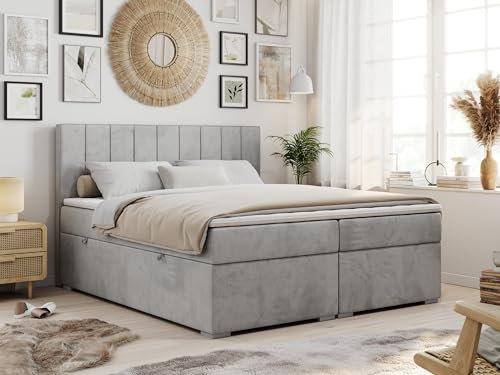 MKS MEBLE Boxspringbett mit 2 Bettkästen, Polsterbett mit Matratze H3 und Topper T25, Bett 180x200 cm mit Kopfteil - Hellgrau Velvet - H3 - Ally