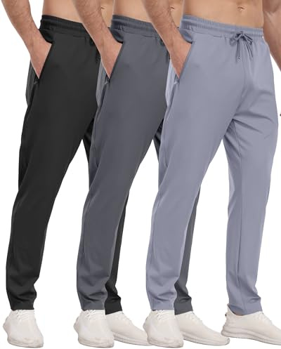 3 Pack Mens Athletic Sweatpants with Zipper Pockets,Workout Gym Joggers Pants for Men Running Jogging Pants-BlackDark GrayLight Gray-L