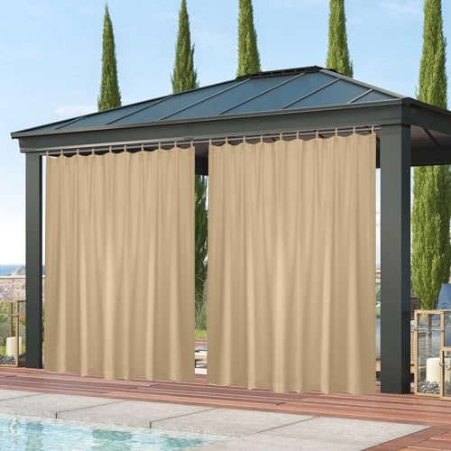 Qelus Vorhang Outdoor Wetterfest, Sonnenschutz mit Klettverschluss B254xH213cm, Außenvorhang Wasserdicht für Balkon Sichtschutz Pavillon Pergola Terrasse Garten (Naturreisbeige)