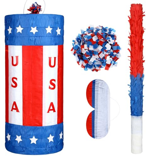Vertintong Pinata pétard patriotique américaine 43,2 cm avec bâton, bandeau pour les yeux et confettis pour enfants et adultes
