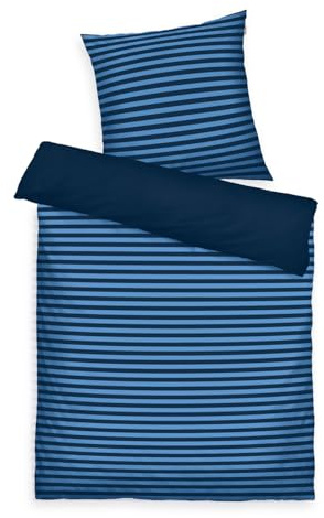 TOM TAILOR Renforcé-Bettwäsche, 80x80 cm + 155x220 cm, 100% Baumwolle/ Renforcé, mit Wendemotiv und farbigem Markenreißverschluss, MEDIUM STRIPES Blau (Dark Navy & Cool Blue)