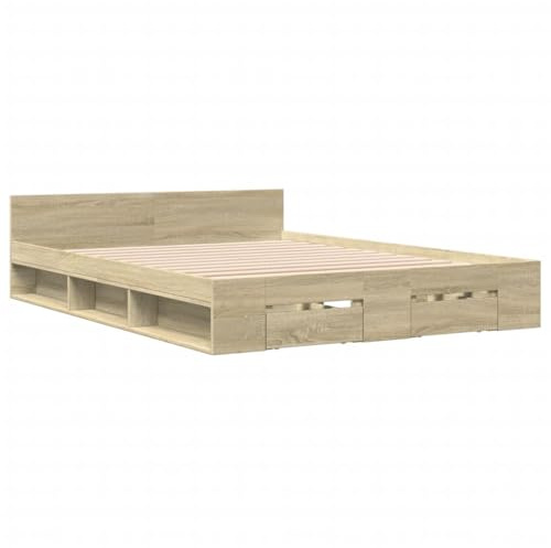 vidaXL Sonoma Oak Engineered Wood Small Double Bed Frame - Modern Storage Bed with Drawers & Side Compartments, Plywood Slats, 193x123cm
