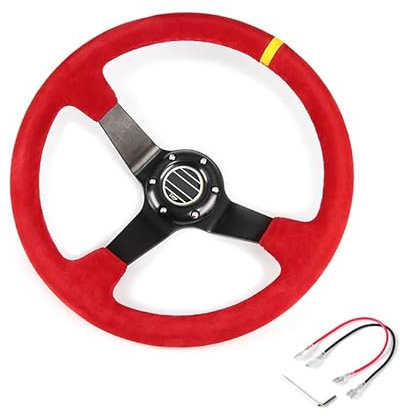 ZHANGSHUMIN Sportlenkrad 350mm Racing Drifting Lenkrad mit Auto Rallye Wildleder Deep Lenkräder Holzlenkrad(Red)