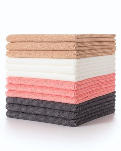 Lumimi Cleaning Cloth 12 Piece Microfiber Ultrafine Very Thick Wiping Drying Well Durable Reusable Multicolored Size 15 x 15 Beige Red White Grey, Pack of 12