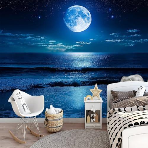 Wall Mural Beautiful Night Sky - 300 x 210 cm Full Moon and Stars Photo Wallpaper for Boys' Bedroom, Living Room, Playroom, Nursery, Teen Room, Kids' Photo Mural Wall Art
