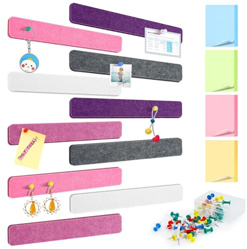 Votoko 10 Stück Pinnwand Bar Streifen Korkplatte, Kleine Filz Pinnwand Selbstklebend mit 50 Pushpins und 100 Haftnotizen, Filzboard für Foto Hängen, Bulletin Tafeln Heimdekoration (Farbe)