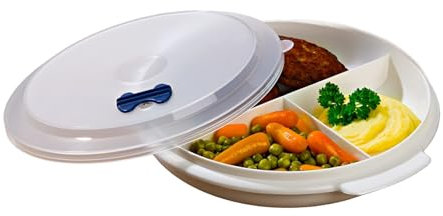 3 PAGEN Piatto per forno a microonde con 3 scomparti e coperchio – stoviglie per microonde – riscaldamento delicato degli alimenti – Piatto per menù con copertura – Plastica – Lavabile in