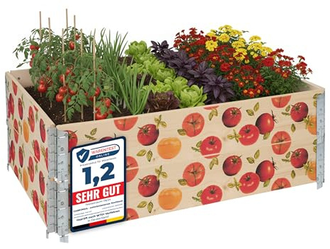 Garronda träpallkrage med tryck – högbädd i trä för växter, blommor, örter, frukt och grönsaker, förvaringslåda med dekorativt motiv GD-0075 (Tomat, 2-pack)