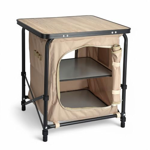 Armario de camping 2 en 1 de tela, plegable, con bolsa de transporte, 53 x 48 cm, mesa de camping con tablero en aspecto de madera, armario plegable para jardín, armario multiusos