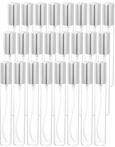 sourcing map Mini botellas de perfume de vidrio de 15 ml, 25 botellas de niebla fina recargables con boquilla aluminizada para perfume, líquido de viaje, aceite esencial (transparente/plateado)