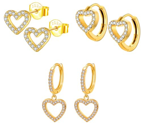 Epoch World 3 par 925 sterling silver örhängen guld hängande hjärta kreoler med hänge kreoler örhängen kubisk zirkonia små allergivänliga droppar örhängen hjärta guld örhängen för kvinnor flickor, S