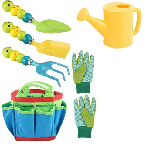 Set de Jardín para Niños, Juego de Exterior para Pequeños Jardinería, con Pala, Rastrillo, Regadera, Guantes de Trabajo e Caja de Almacenamiento, Herramientas de Jardín