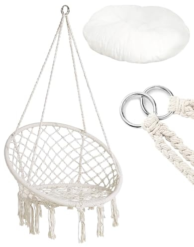 IlGruppone Sedia Sospesa ad Altalena Lavorata a Maglia con Corda in Cotone Frange Macrame Cuscino Sfoderabile Amaca per Interni/Esterni, Patio Terrazzi Cortile Giardino Bar capacità 120 kg - Naturale