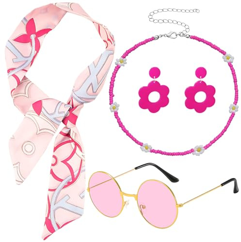Rbleote Hippie Accessoires Damen, 70er Jahre Bekleidung Damen, Disco Boho Haarband Stirnband Vintage Brille Halskette Ohrringe Halloween Cosplay Karneval Fasching Kostüm Bekleidung