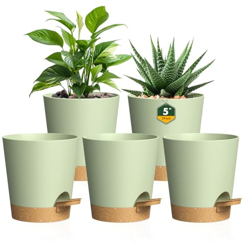 Homeuouz 12 cm Self Watering Pots, 5 Pack Plastic Flower Pots with Drainage Holes and Saucer, Indoor plant pots for Herbs and All House Plants, Green With Brown reservoir