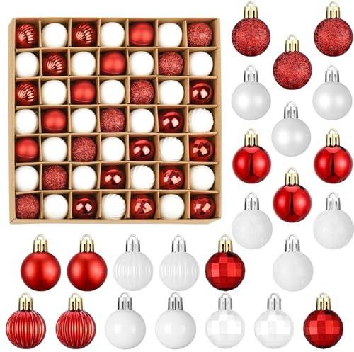 HIGA-JKL Lot de 49 boules de Noël de 3 cm Mat brillantes et scintillantes en plastique avec suspension Décorations de sapin de Noël incassables pour mariage et fête Boules de Noël (Blanc Or)
