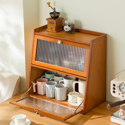 SanBouSi Pequeña cocina de bambú para encimera, armario buffet, cocina, armario de cocina con puerta acrílica, panera para ollas de especias, utensilios de cocina, tazas, accesorios (tawny)