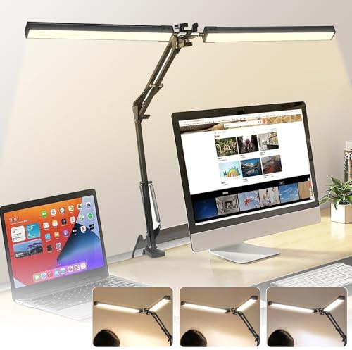 Lampe de Bureau LED à Double Tête, Lampe à Pince Pliable Respectueuse des Yeux, 3 Ttempératures de 10 Niveaux Couleur et Intensité Lumineuse Réglable, 20 W Alimentation USB pour Maison, Bureau-Noir